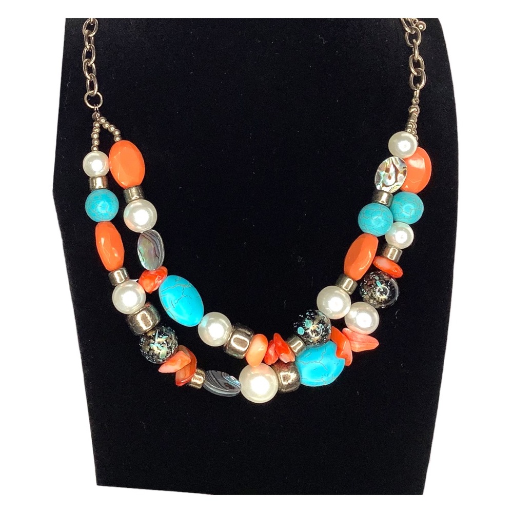 Faux Coral, Pearl & Turquoise Double Strand Necklace